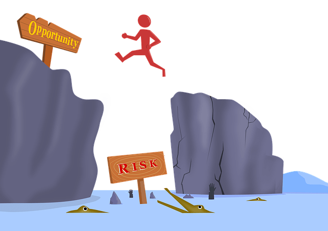 Cartoon of aman jumping between rocks. Types of Business Risk